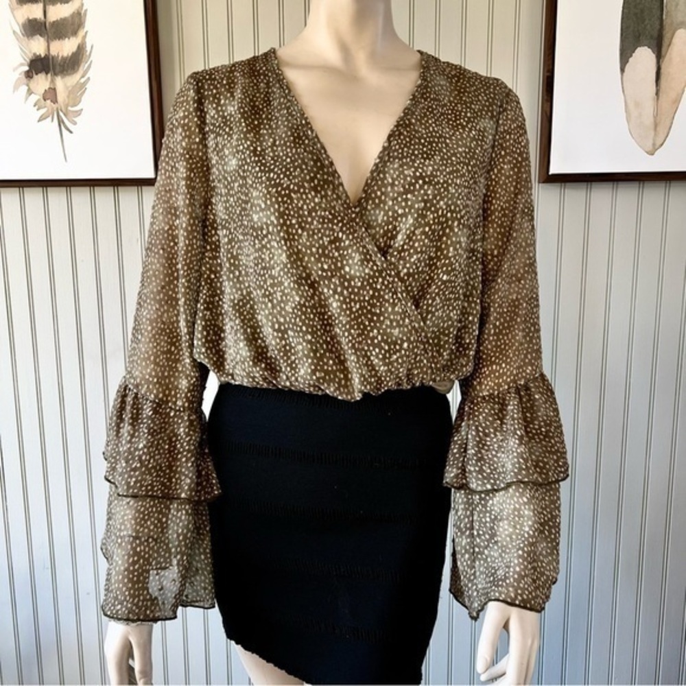 Peach Love Animal Print Semi Sheer Dramatic Olive Bell Sleeves Bodysuit